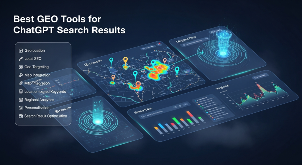 A digital illustration features advanced GEO tools tailored for ChatGPT search results. The scene includes futuristic dashboards with digital maps, location pins, and charts displaying geographic analytics. An AI robot analyzes location data near ChatGPT branding. The heading at the top reads “Best GEO Tools for ChatGPT Search Results.” On one side, a modern overlay explains key terms such as Geolocation, Local SEO, Geo-targeting, Map Integration, Location-based Keywords, Regional Analytics, personalisation, and Search Result Optimization, each with clear icons. The overall design is high-tech, colorful, and professional.