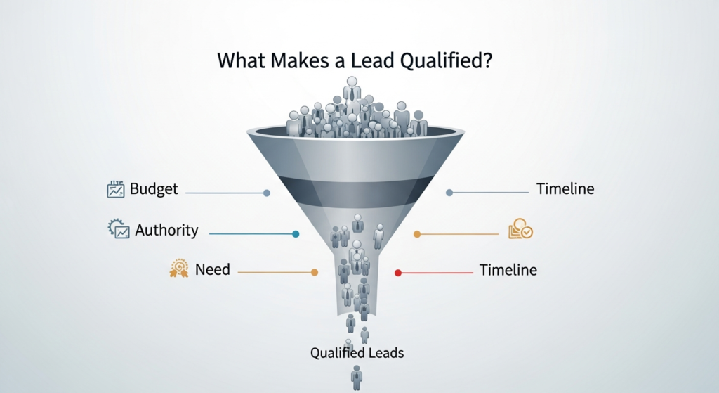 An illustrated funnel showing leads entering at the top and qualified leads at the bottom, surrounded by the words "Budget," "Authority," "Need," and "Timeline." The heading "What Makes a Lead Qualified?" is at the top, visually explaining the main criteria for lead qualification in a business setting.