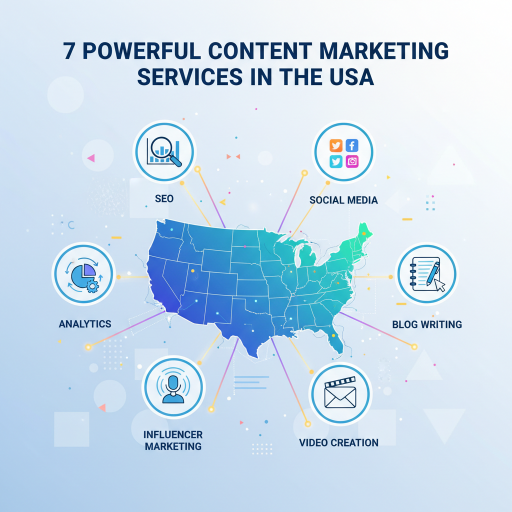 Digital illustration showing seven icons (SEO, social media, blogging, email, influencers, video, analytics) circling a map of the USA, with the heading “7 Powerful Content Marketing Services in the USA” above them.