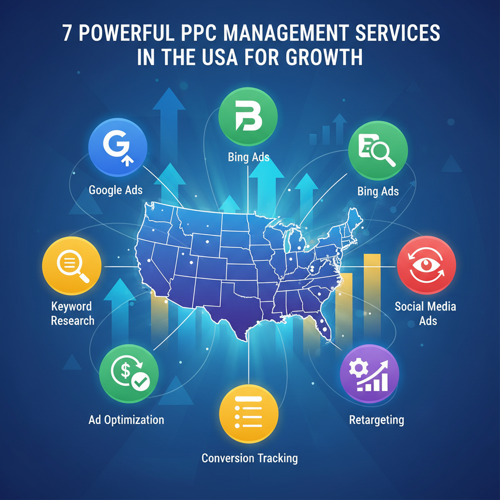 Digital illustration of a USA map surrounded by icons for Google Ads, Bing Ads, Social Ads, Retargeting, Keyword Research, Conversion Tracking, and Ad Optimization, with growth arrows and charts. Heading above reads “7 Powerful PPC Management Services in the USA for Growth.”