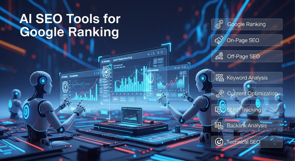 A digital illustration displays AI-powered SEO tools focused on improving Google rankings. Futuristic dashboards show ranking graphs, keyword analysis, and SERP tracking. An AI robot analyzes data near a large Google search interface. The heading at the top reads “AI SEO Tools for Google Ranking.” On the side, a modern overlay explains key terms like Google Ranking, On-Page SEO, Off-Page SEO, Keyword Analysis, Content Optimization, SERP Tracking, Backlink Analysis, and Technical SEO, each with simple icons. The design is bright, tech-inspired, and professional.