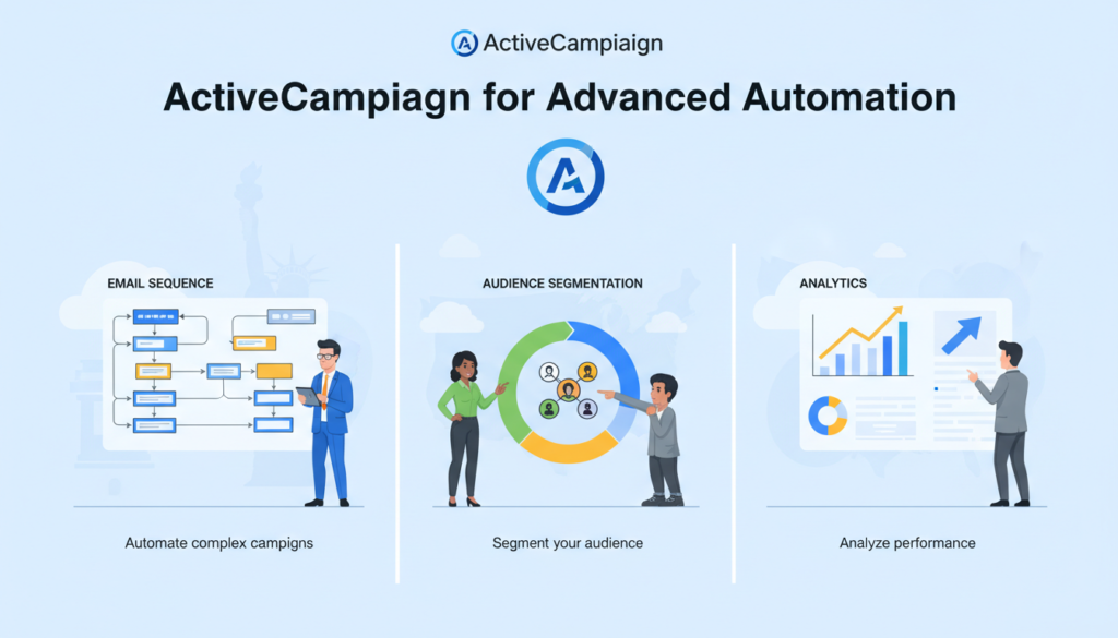 "Professional digital illustration with the heading 'ActiveCampaign for Advanced Automation', showing the ActiveCampaign logo, automation workflow diagrams, email sequences, audience segmentation, and analytics charts. Each element has a brief explanation, and business professionals are depicted setting up and reviewing automations, with subtle US-themed accents for advanced marketing automation."