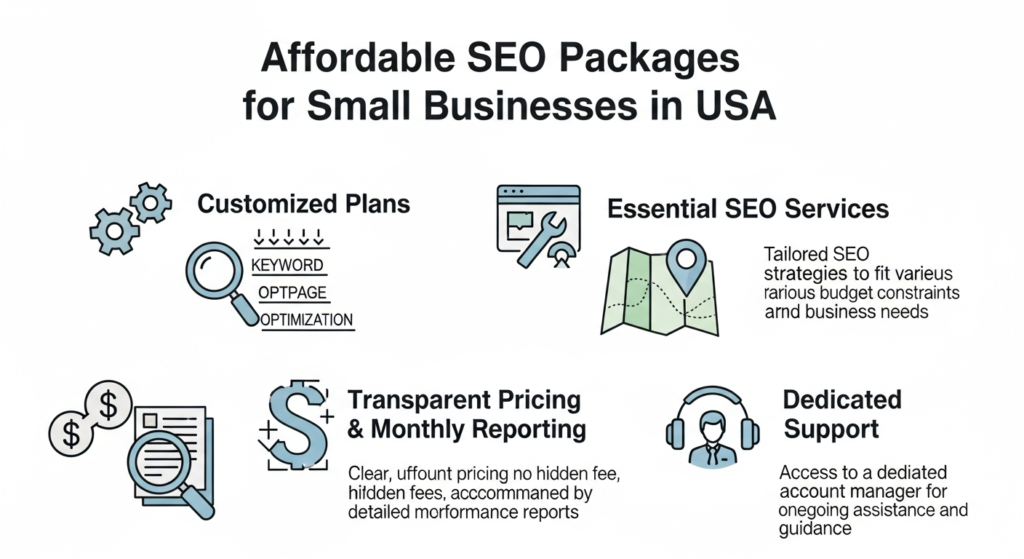 An informative digital graphic titled "What Affordable SEO Really Means." The image displays five sections with icons: a dollar sign or calculator for "Cost-Effective Strategies," a toolbox or checklist for "Essential Services Only," an upward arrow or stacked blocks for "Scalable Solutions," a chart showing growth or ROI for "Measurable ROI," and a speech bubble or handshake for "Transparent Communication." Each section includes a brief explanation about focusing on effective strategies, providing only necessary services, offering scalable options, ensuring measurable return on investment, and maintaining clear communication—all at an affordable price. The design is modern, organized, and easy to understand.