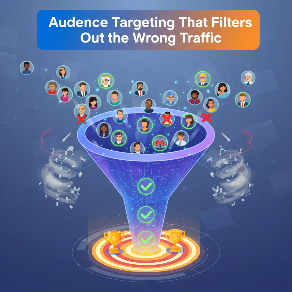 Digital illustration of a funnel filtering diverse audience icons, with only qualified leads reaching a highlighted target, while irrelevant audience icons are filtered out. Heading above reads “Audience Targeting That Filters Out the Wrong Traffic.”