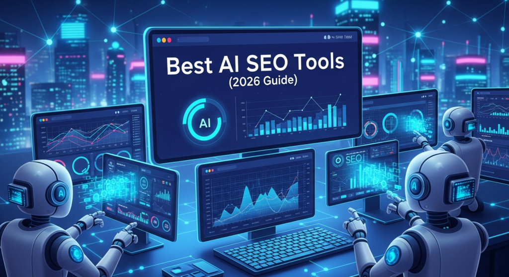 A vibrant digital illustration shows a modern workspace with multiple futuristic screens displaying AI SEO tool dashboards, charts, and data analytics. In the foreground, friendly AI robots analyze search engine data. At the top, bold text reads “Best AI SEO Tools (2026 Guide).” The overall theme is bright and tech-inspired, symbolizing innovation in digital marketing and search optimization.

