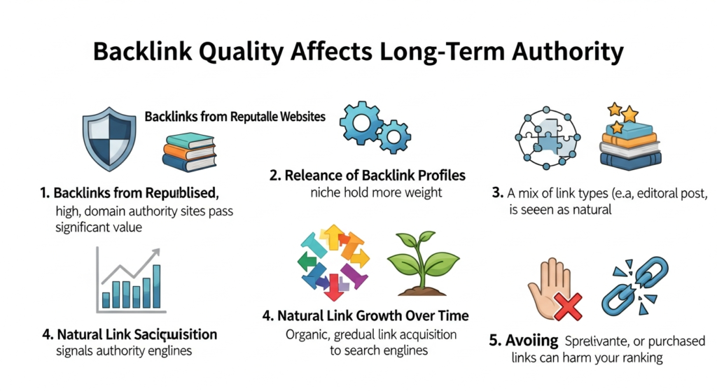 An informative digital graphic titled "Backlink Quality Affects Long-Term Authority." The image displays five main sections with icons: a shield for "Reputable Websites," a network for "Relevance of Linking Sites," interlinked chains for "Diverse Backlink Profiles," a plant growing for "Natural Link Growth," and a warning symbol for "Avoiding Spammy Links." Each section includes a brief explanation about how backlinks from trusted and relevant sites, diversity, steady growth, and avoiding spammy links contribute to long-term authority. The design is modern, clean, and easy to scan.
