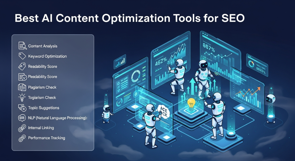 A digital illustration hai jo best AI content optimization tools for SEO ko dikhata hai. Scene mein AI robots website content analyze kar rahe hain, futuristic dashboards aur charts/graphs SEO metrics improve hote hue dikhate hain. Upar heading hai: “Best AI Content Optimization Tools for SEO.” Side par ek modern overlay hai jahan key terms—Content Analysis, Keyword Optimization, Readability Score, Plagiarism Check, Topic Suggestions, NLP (Natural Language Processing), Internal Linking, aur Performance Tracking—ke simple explanations aur icons shamil hain. Design professional, colourful, aur tech-inspired hai.