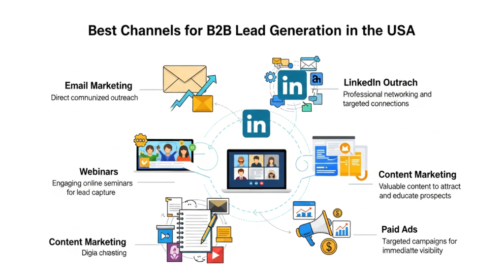 A dynamic business illustration featuring icons for email, LinkedIn, webinars, content marketing, and paid ads. The heading "Best Channels for B2B Lead Generation in the USA" is at the top. Keywords like "Email Marketing," "LinkedIn Outreach," "Webinars," "Content Marketing," and "Paid Ads" are highlighted, visually explaining the most effective channels for B2B lead generation in the USA.