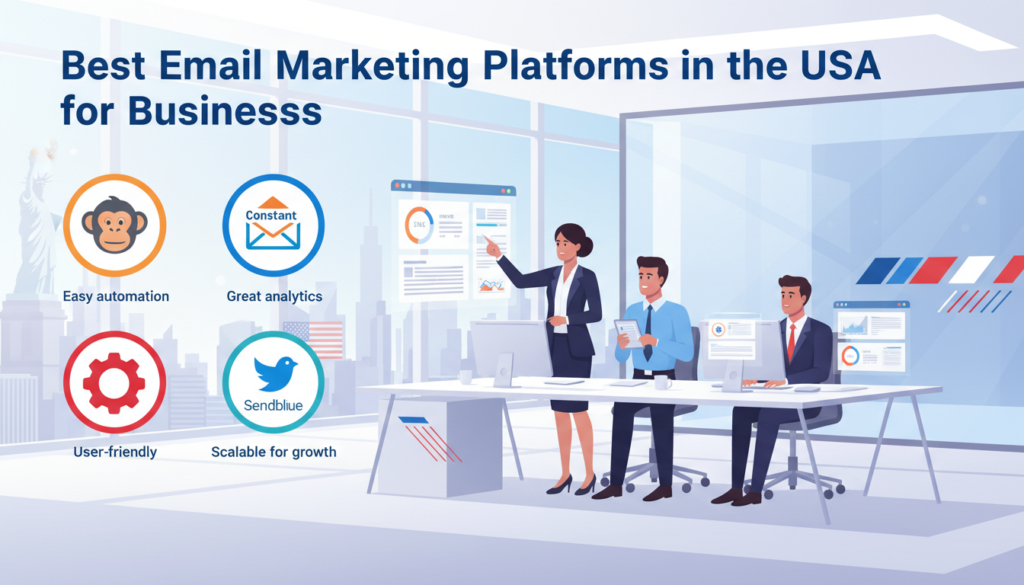 "Professional digital illustration with the heading 'Best Email Marketing Platforms in the USA for Businesses', showing logos of email marketing platforms like Mailchimp, Constant Contact, HubSpot, and Sendinblue. Each icon includes brief explanations such as easy automation, great analytics, user-friendly design, and scalability. Business professionals review email campaigns and analytics, accented with subtle US-themed elements."