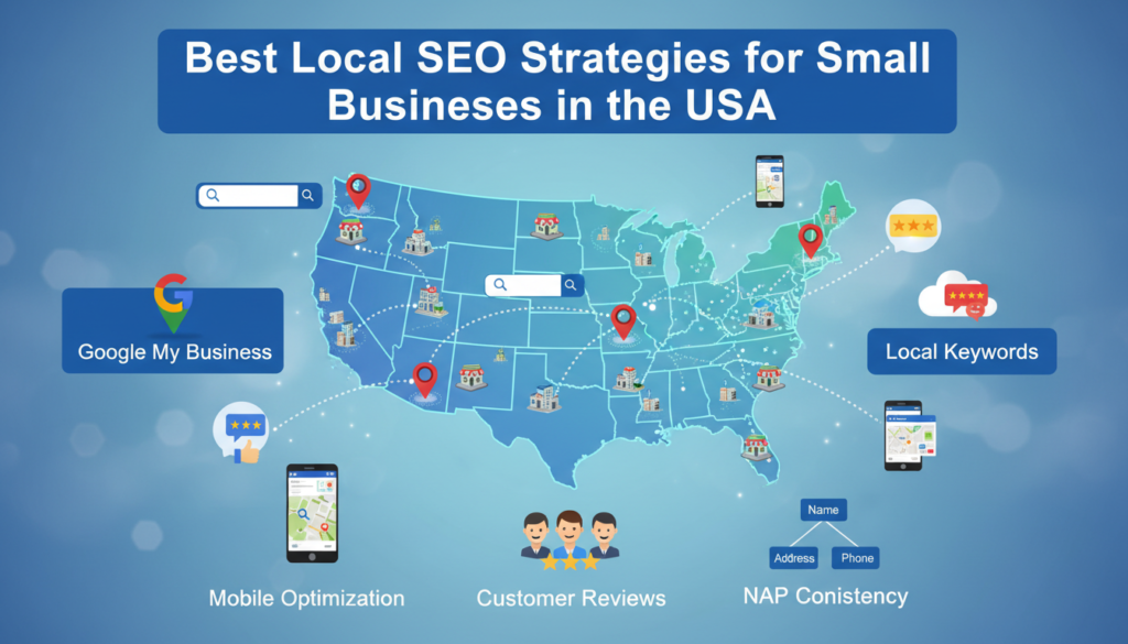 A digital illustration of small businesses across a USA map, with icons for map pins, search bars, reviews, and mobile devices. The heading "Best Local SEO Strategies for Small Businesses in the USA" is at the top, and keywords like "Google My Business," "Local Keywords," "Customer Reviews," "Mobile Optimization," and "NAP Consistency" are explained visually, highlighting essential local SEO tactics for small businesses