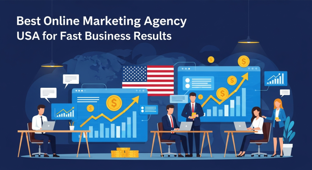 Digital illustration of a professional marketing team working on laptops and digital dashboards, with rising graphs, dollar signs, and a U.S. flag symbolizing business growth and success. The heading "Best Online Marketing Agency USA for Fast Business Results" appears at the top, visually representing effective online marketing for rapid business results.