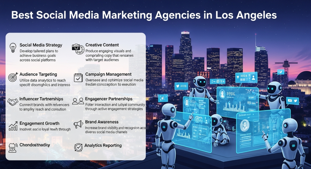 Ek digital illustration hai jo “Best Social Media Marketing Agencies in Los Angeles” ko dikhata hai. Scene mein Los Angeles ka futuristic cityscape hai, jismein mashhoor landmarks dikhai de rahe hain. AI robots mil kar social media campaigns par kaam kar rahe hain aur digital dashboards par social media metrics nazar aa rahe hain. Upar heading hai: “Best Social Media Marketing Agencies in Los Angeles.” Side par modern overlay hai jahan keywords—Social Media Strategy, Creative Content, Audience Targeting, Campaign Management, Influencer Partnerships, Engagement Growth, Brand Awareness, aur Analytics Reporting—ki short explanations aur icons shamil hain. Design tech-inspired, colorful aur professional hai.