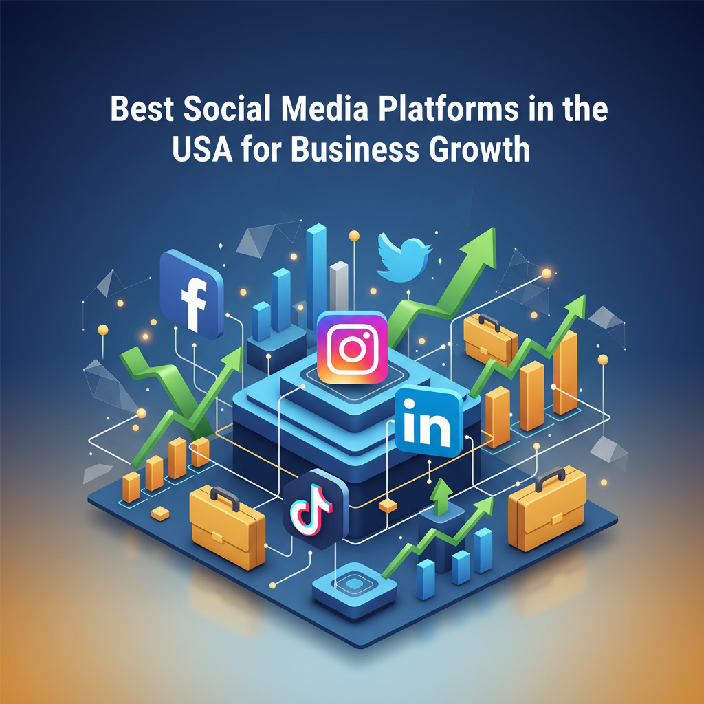 Logos of Facebook, Instagram, LinkedIn, Twitter, and TikTok, surrounded by business growth symbols like arrows, charts, and briefcases, representing the top social media platforms for business growth in the USA.