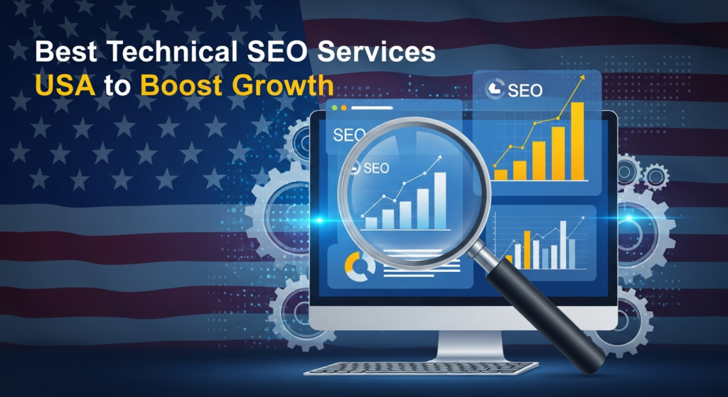 Digital illustration showing a computer screen displaying SEO graphs and analytics, surrounded by gears, a magnifying glass, and U.S. flag elements. The heading "Best Technical SEO Services USA to Boost Growth" appears at the top, highlighting the theme of website optimization and business growth through technical SEO in the United States.