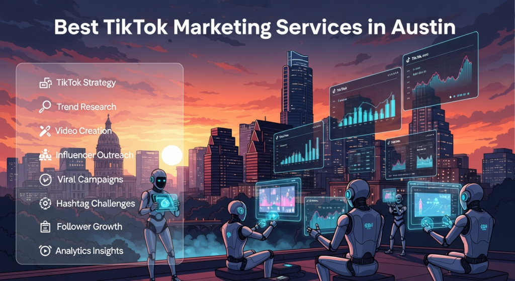 Ek digital illustration hai jo “Best TikTok Marketing Services in Austin” ko represent karta hai. Scene mein Austin ka vibrant, futuristic cityscape dikhai deta hai, jahan mashhoor landmarks maujood hain. AI robots TikTok videos create aur edit kar rahe hain, aur digital dashboards par TikTok engagement metrics nazar aa rahe hain. Upar heading hai: “Best TikTok Marketing Services in Austin.” Side par modern overlay hai jahan keywords—TikTok Strategy, Trend Research, Video Creation, Influencer Outreach, Viral Campaigns, Hashtag Challenges, Follower Growth, aur Analytics Insights—ki short explanations aur icons shamil hain. Design tech-inspired, colorful aur professional hai.
