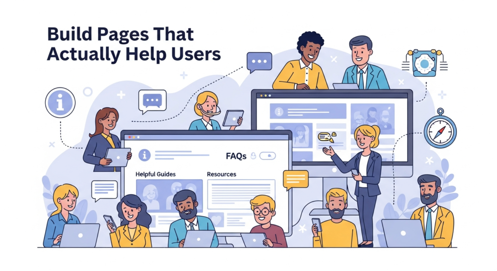 'A digital illustration titled 'Build Pages That Actually Help Users,' featuring a website with helpful guides, FAQs, and resources, happy users interacting with content, icons for information and support, and business people optimizing web pages. The image emphasizes creating user-focused, resourceful web pages."