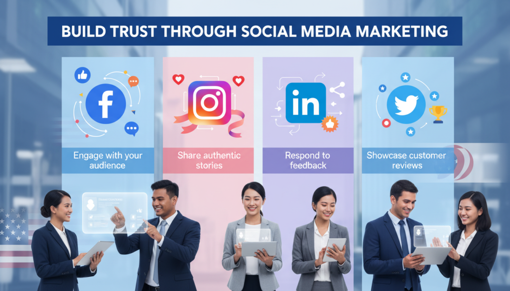 "Professional digital illustration with the heading 'Build Trust Through Social Media Marketing', showing icons for Facebook, Instagram, LinkedIn, and Twitter. Engagement elements include likes, comments, shares, and customer reviews, with brief explanations. Business professionals interact with social media content, and the design includes subtle US-themed accents that illustrate how businesses build trust through social media marketing.