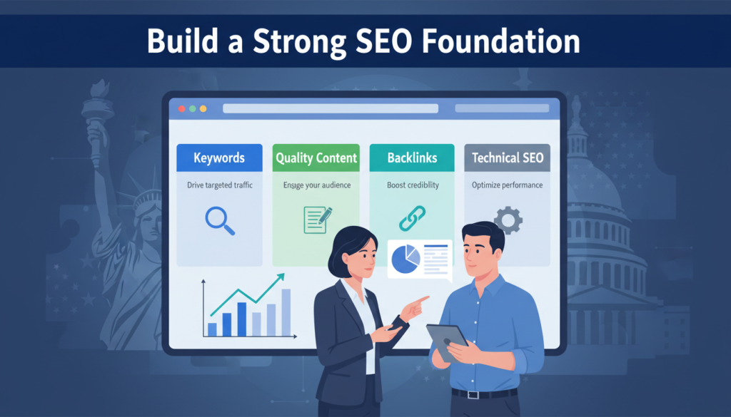 "Professional digital illustration with the heading 'Build a Strong SEO Foundation', showing a website interface with four SEO pillars: Keywords, Quality Content, Backlinks, and Technical SEO. Each pillar includes a brief explanation. Business professionals discuss charts and data, with subtle US-themed accents, representing foundational SEO strategies for business growth."