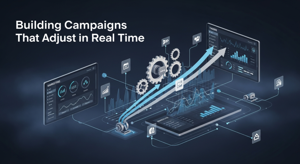 Digital illustration of marketing dashboards with live data, gears turning, and automation icons. Dynamic arrows and shifting graphs represent real-time adjustments to campaigns. The heading "Building Campaigns That Adjust in Real Time" appears at the top, visually highlighting adaptive and data-driven marketing.