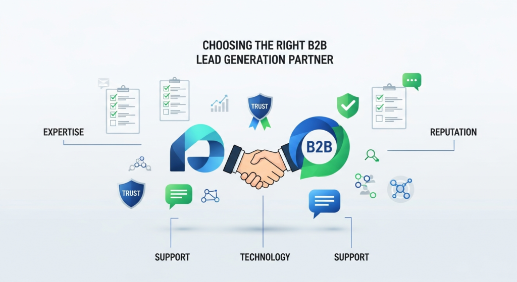 A modern business illustration of two companies shaking hands to symbolize partnership, surrounded by icons and keywords like "Expertise," "Reputation," "Transparency," "Technology," and "Support." The heading "Choosing the Right B2B Lead Generation Partner" is prominent at the top, visually explaining the main factors to consider when selecting a B2B lead generation company.