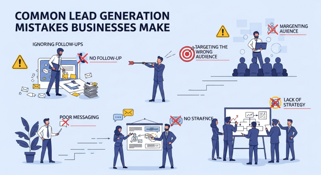 A modern business illustration showing a team making lead generation mistakes, with warning icons and crossed-out symbols for errors. The heading "Common Lead Generation Mistakes Businesses Make" is at the top. Keywords like "No Follow-Up," "Wrong Audience," "Poor Messaging," and "No Strategy" are highlighted, explaining the most frequent lead generation pitfalls.