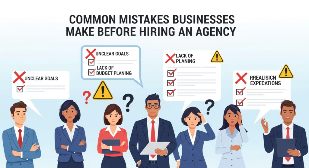 Digital illustration of business people looking confused or overwhelmed, with checklists displaying errors such as unclear goals, lack of budget planning, and unrealistic expectations. Warning symbols and crossed-out items highlight these common mistakes. The heading "Common Mistakes Businesses Make Before Hiring an Agency" appears at the top, visually representing pitfalls to avoid before agency partnerships.

