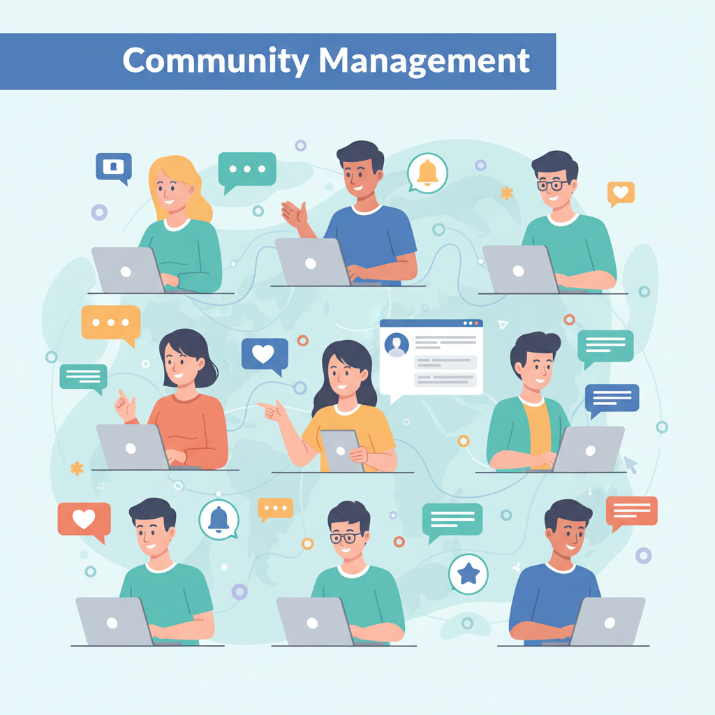 A digital illustration showing a diverse group of people using laptops and smartphones to interact online. Chat bubbles, hearts, and notifications represent engagement and communication. The heading “Community Management” appears in bold, modern font.