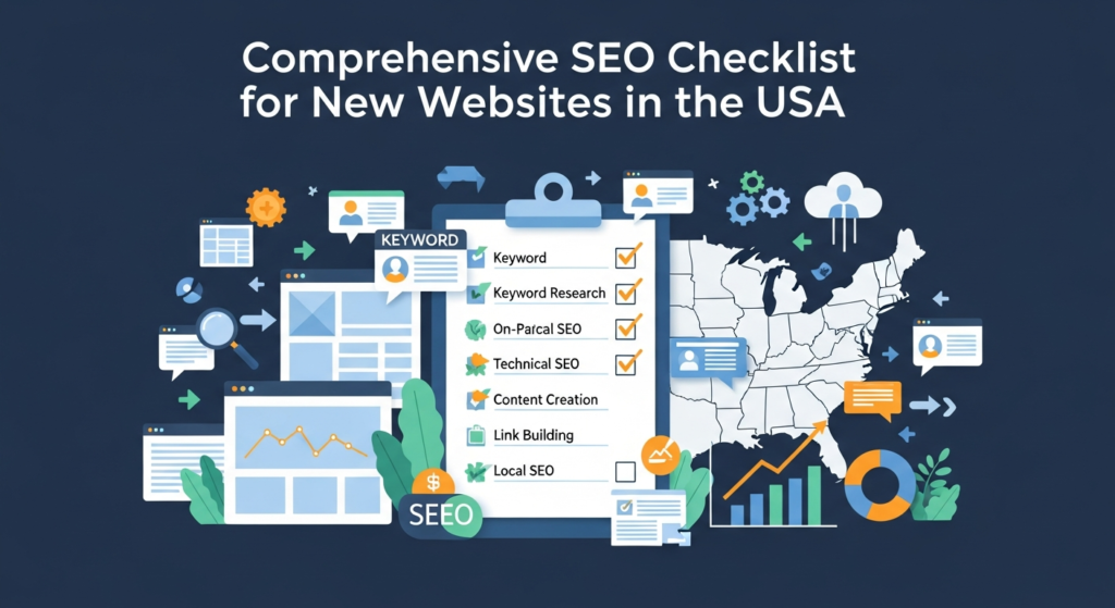 A digital illustration titled 'Comprehensive SEO Checklist for New Websites in the USA,' featuring a clipboard with a checklist of SEO tasks, a map of the USA, website icons, keyword and analytics symbols, and digital marketing graphics. The image highlights essential steps for launching a successful website in the United States