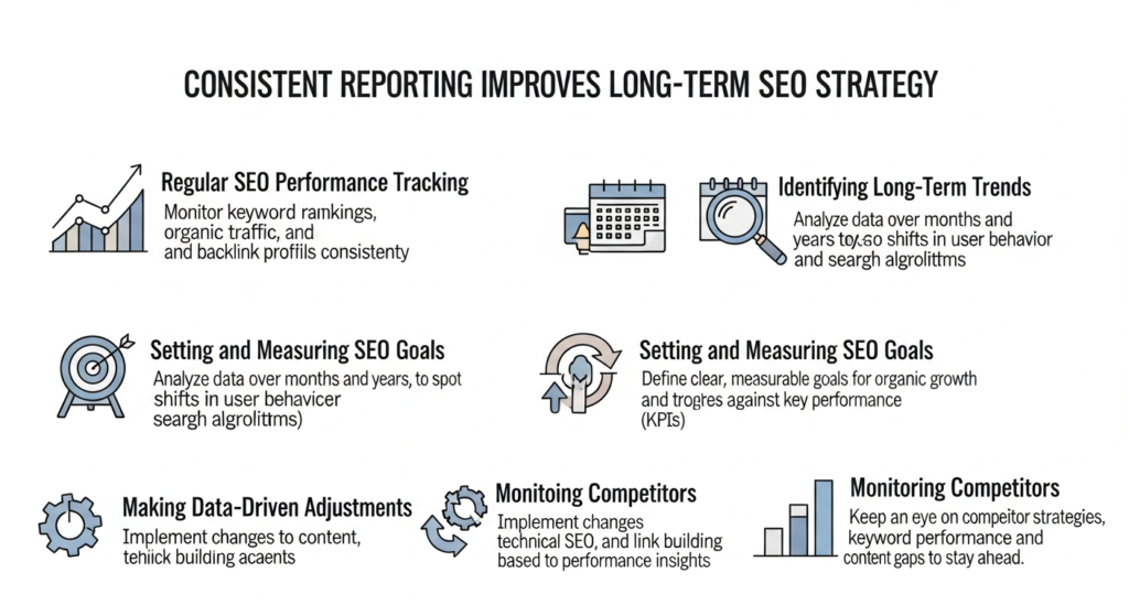 An informative digital graphic titled "Consistent Reporting Improves Long-Term SEO Strategy." The image displays five sections with icons: a chart or graph for "Regular SEO Performance Tracking," a timeline for "Identifying Long-Term Trends," a target for "Setting & Measuring SEO Goals," gears for "Data-Driven Adjustments," and binoculars or a magnifying glass for "Monitoring Competitors." Each section includes a short explanation about tracking performance, finding trends, setting goals, making adjustments using data, and keeping an eye on competitors. The design is modern, clear, and easy to follow.