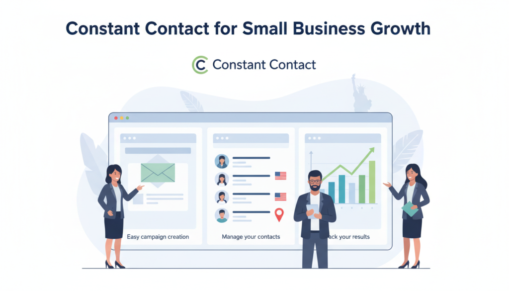 "Professional digital illustration with the heading 'Constant Contact for Small Business Growth', showing the Constant Contact logo, an email dashboard, campaign creation, contact management, and analytics graphs. Each visual has a brief explanation, and business professionals are depicted using the platform, with subtle US-themed accents to reflect small business growth."