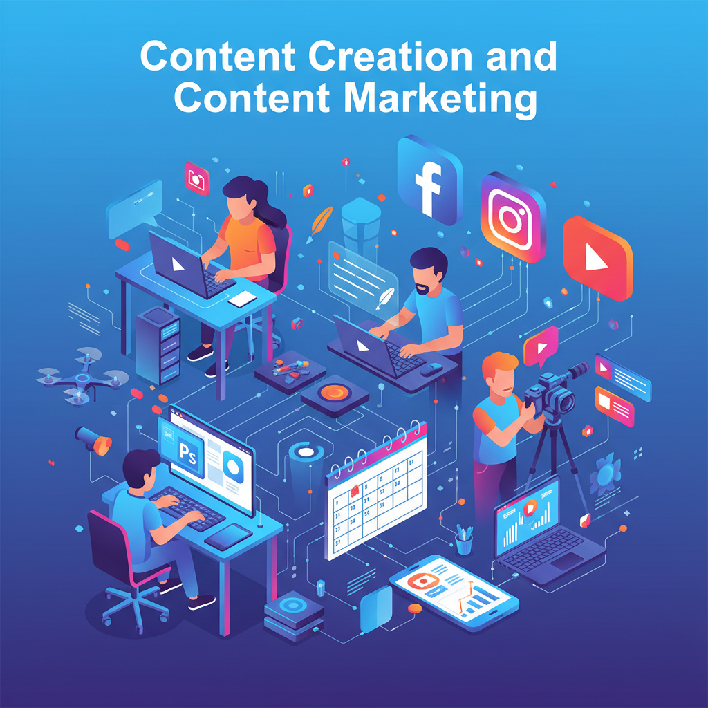 A vibrant digital illustration showing people creating various types of content—writing articles, designing graphics, and recording videos—while using laptops and cameras. Social media icons and a content calendar are visible. The heading “Content Creation and Content Marketing” is displayed in bold, modern font.