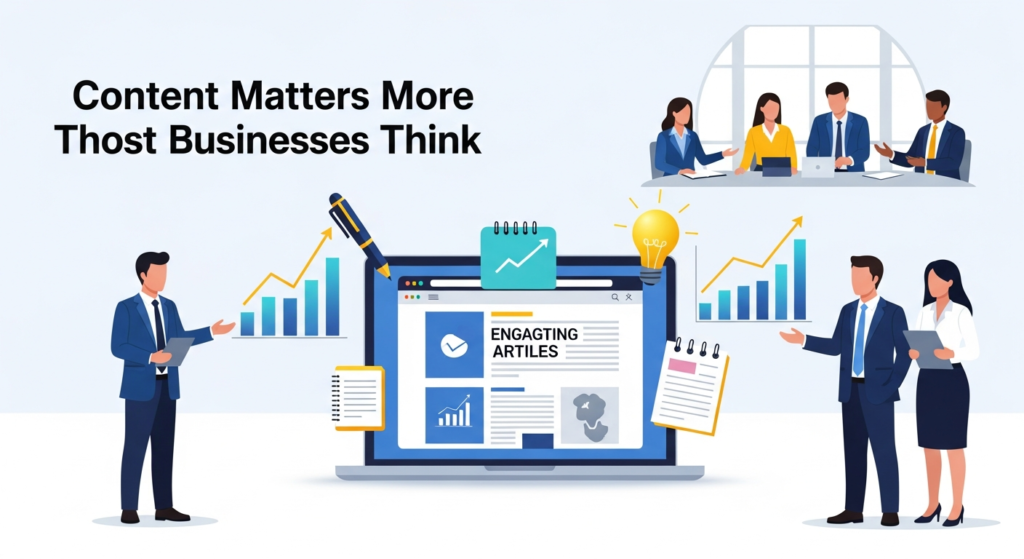 "A digital illustration titled 'Content Matters More Than Most Businesses Think,' showing a website filled with engaging articles, a laptop, creative writing icons like a pen and lightbulb, graphs indicating business growth, and business people discussing strategy. The image emphasizes the critical role of quality content for business success."