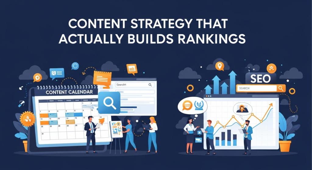 A digital illustration titled 'Content Strategy That Actually Builds Rankings,' featuring a content calendar, keyword research tools, website growth charts, business people planning content, and SEO symbols like upward arrows and search bars. The image highlights the components of an effective content strategy for improving search engine rankings