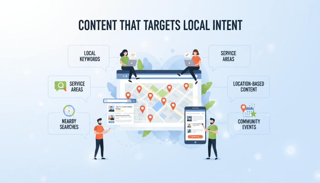 A digital illustration showing people searching for local services on smartphones and laptops, with location pins, maps, and content pages. The heading "Content That Targets Local Intent" is at the top, and icons for local keywords, service areas, location-based content, nearby searches, and community events surround the image, visually explaining how to create content that appeals to local customers.