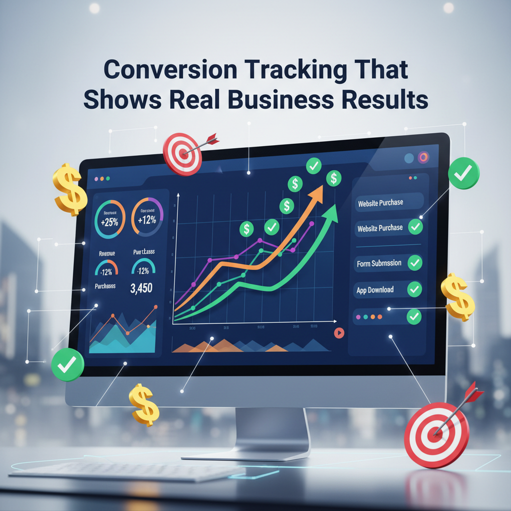Digital illustration of a business dashboard displaying conversion metrics, upward-trending graphs, and icons like dollar signs, checkmarks, and targets. Heading above reads “Conversion Tracking That Shows Real Business Results.”
