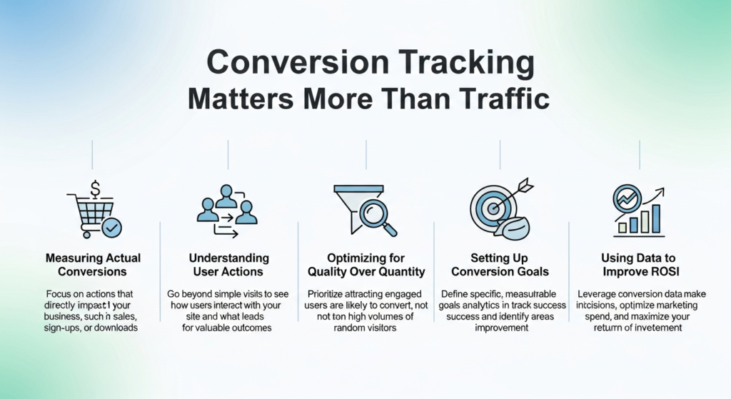 An informative digital graphic titled "Conversion Tracking Matters More Than Traffic." The image highlights key points with icons: a funnel for tracking conversions, a chart showing increasing conversion rates, a checklist for measuring specific goals, and a comparison between high traffic and meaningful actions. Each section includes a brief explanation about why understanding conversions—such as sales, sign-ups, or leads—is more valuable for business success than simply getting large amounts of website traffic. The design is modern, clear, and visually organized.