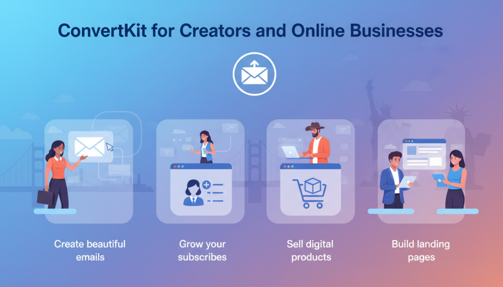 "Professional digital illustration with the heading 'ConvertKit for Creators and Online Businesses', showing the ConvertKit logo, email campaign tools, subscriber list, landing pages, and digital product icons. Each element includes a brief explanation, with business professionals and creators using the platform, and subtle US-themed accents for online business growth."