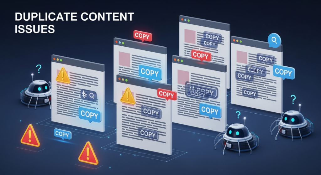Digital illustration showing multiple web pages with identical text, highlighted by warning symbols and copy icons. Search engine bots appear confused or ignoring the repeated pages. The heading "Duplicate Content Issues" is displayed at the top, visually representing SEO challenges caused by duplicate content on websites.