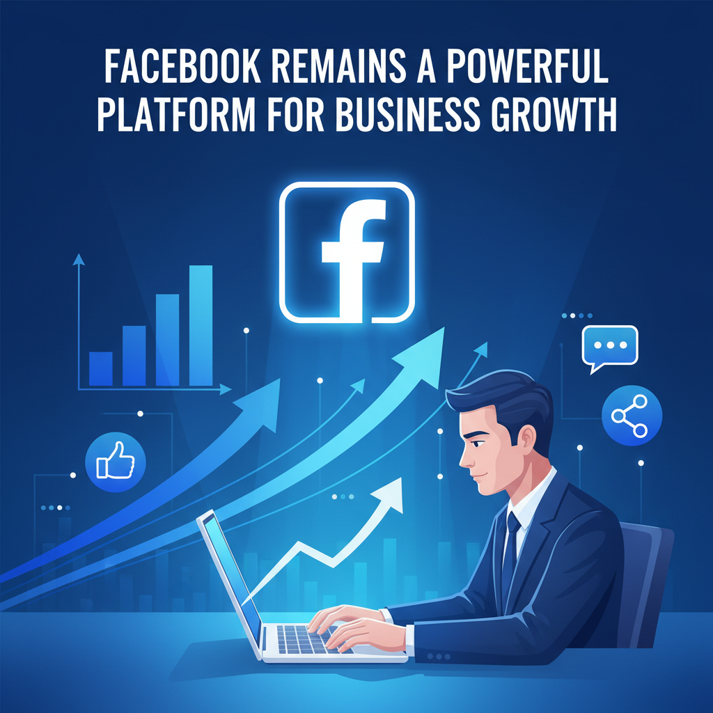 A large Facebook logo, a business person working on a laptop, and graphics of growth charts and engagement icons (likes, comments, shares), symbolizing Facebook’s effectiveness for business growth.