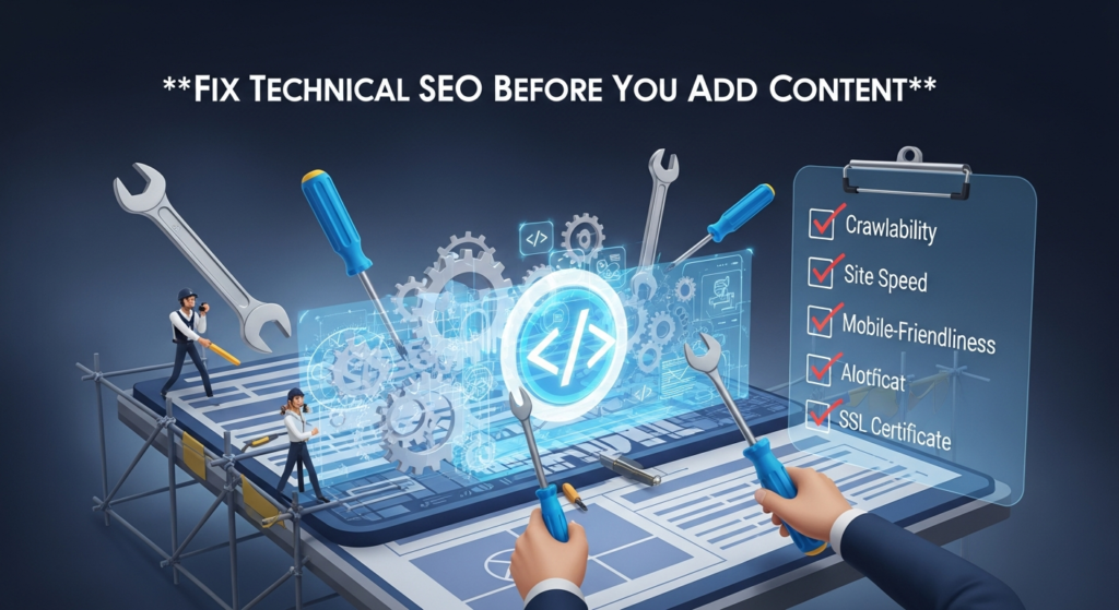 A digital illustration titled 'Fix Technical SEO Before You Add Content,' featuring tools repairing a website, gears and code symbols, a checklist of technical SEO tasks, and a website under construction. The image highlights the importance of addressing technical SEO issues before publishing new website content