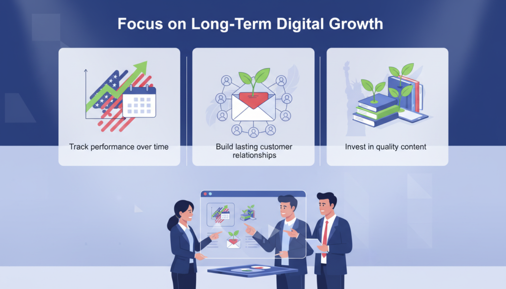 "Professional digital illustration with the heading 'Focus on Long-Term Digital Growth', showing a rising graph, calendar icons, and growing plants to symbolize sustained growth. Features digital marketing elements like website analytics, email subscribers, and content expansion, each with brief explanations. Business professionals plan and review strategies, with subtle US-themed accents, representing a focus on long-term digital growth."