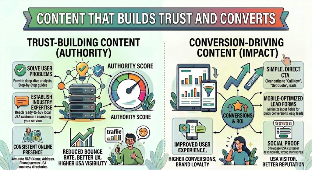 "An educational infographic flowchart titled 'CONTENT THAT BUILDS TRUST AND CONVERTS'. The left section, 'TRUST-BUILDING CONTENT (AUTHORITY)', features a server rack and an authority score meter, highlighting points like solving user problems with deep-dive analysis, establishing industry expertise for USA customers, and maintaining a consistent online presence. The right section, 'CONVERSION-DRIVING CONTENT (IMPACT)', displays a tablet and smartphone with analytics graphs, focusing on simple and direct CTAs, mobile-optimized lead forms, and social proof like USA customer testimonials, all leading to a central badge for 'CONVERSIONS & ROI'."