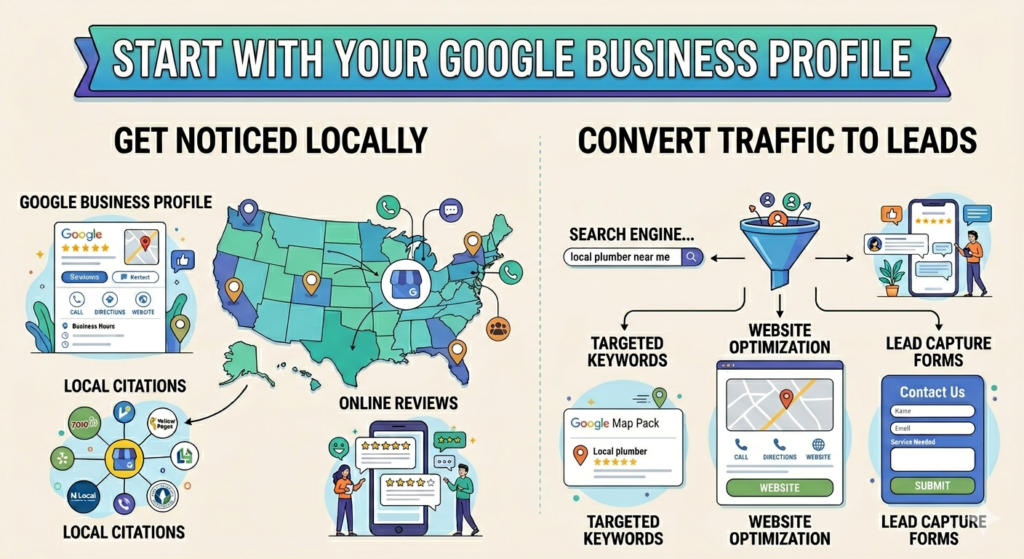 "An educational infographic flowchart titled 'Start With Your Google Business Profile'. The image is cleanly divided into two main sections: 'Get Noticed Locally' on the left, featuring a Google Business Profile setup, a USA map with location pins, local citations, and customer reviews; and 'Convert Traffic to Leads' on the right, illustrating localized search queries, website optimization with maps, and a contact/lead capture form."