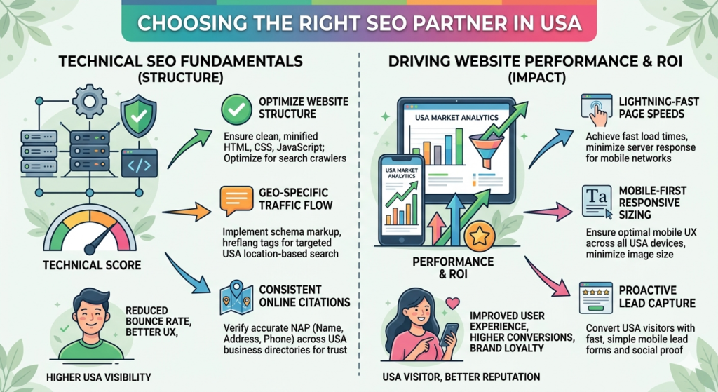 "An educational infographic flowchart titled 'CHOOSING THE RIGHT SEO PARTNER IN USA'. The left side, under 'TECHNICAL SEO FUNDAMENTALS (STRUCTURE)', details crucial factors like optimizing website structure with minified code, targeting geo-specific traffic flow via schema markup, and verifying consistent online citations across USA business directories. The right side, under 'DRIVING WEBSITE PERFORMANCE & ROI (IMPACT)', showcases USA market analytics on digital screens, focusing on lightning-fast page speeds, mobile-first responsive sizing, and proactive lead capture to improve conversions and brand loyalty."