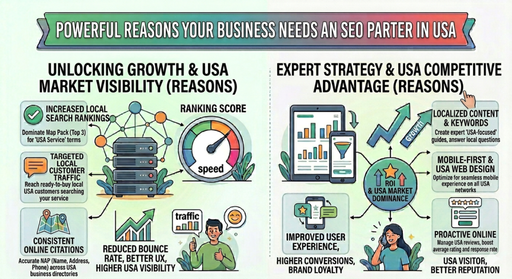"An educational infographic flowchart titled 'Powerful Reasons Your Business Needs an SEO Partner in USA'. The left section, 'Unlocking Growth & USA Market Visibility', shows tools and strategies for increasing local search rankings, targeting local customer traffic, and maintaining consistent online citations. The right section, 'Expert Strategy & USA Competitive Advantage', highlights localized content, mobile-first USA web design, and proactive online review management leading to ROI and USA market dominance."
