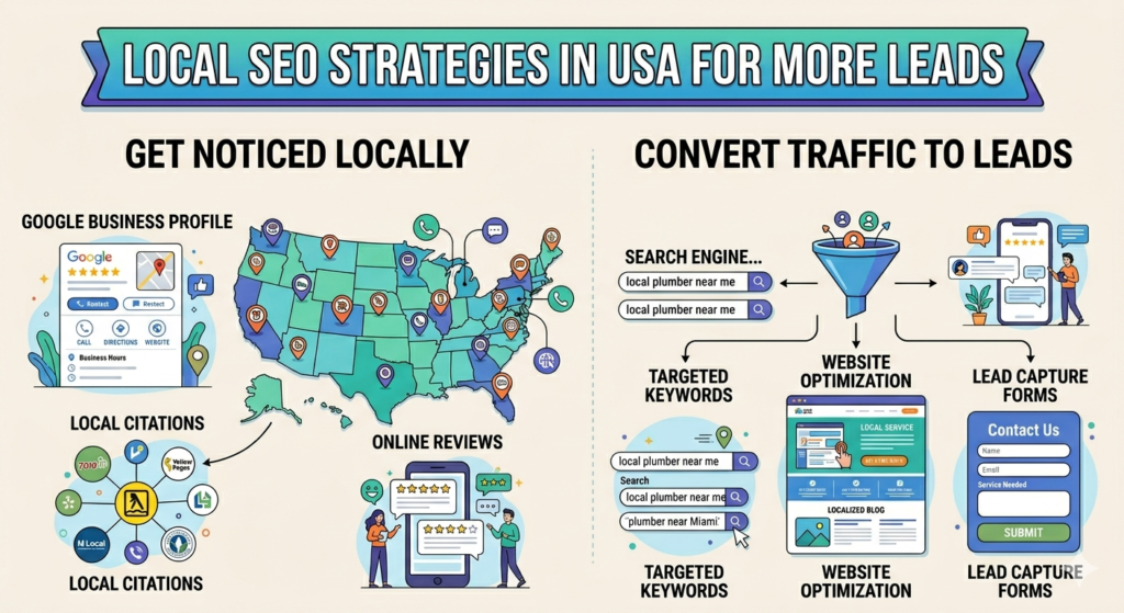 "An educational infographic flowchart titled 'Local SEO Strategies in USA for More Leads'. The image is divided into two clean sections: 'Get Noticed Locally' showing Google Business Profile, USA map with pins, local citations, and customer reviews; and 'Convert Traffic to Leads' illustrating targeted keyword searches (like 'local plumber near me'), website optimization, and a lead capture form."