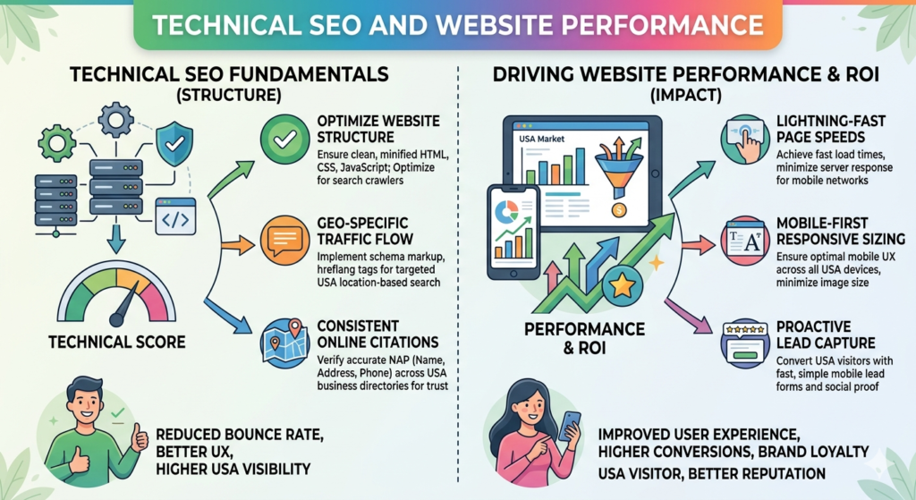 "An educational infographic flowchart titled 'TECHNICAL SEO AND WEBSITE PERFORMANCE'. The left section, 'TECHNICAL SEO FUNDAMENTALS (STRUCTURE)', shows icons for server racks, code, and a technical score meter, highlighting website structure optimization (HTML, CSS, JS), geo-specific traffic flow via schema markup, and consistent online citations (NAP) for USA business directories. The right section, 'DRIVING WEBSITE PERFORMANCE & ROI (IMPACT)', features a tablet and phone displaying USA market growth charts, focusing on lightning-fast page speeds, mobile-first responsive sizing, and proactive lead capture with simple forms."