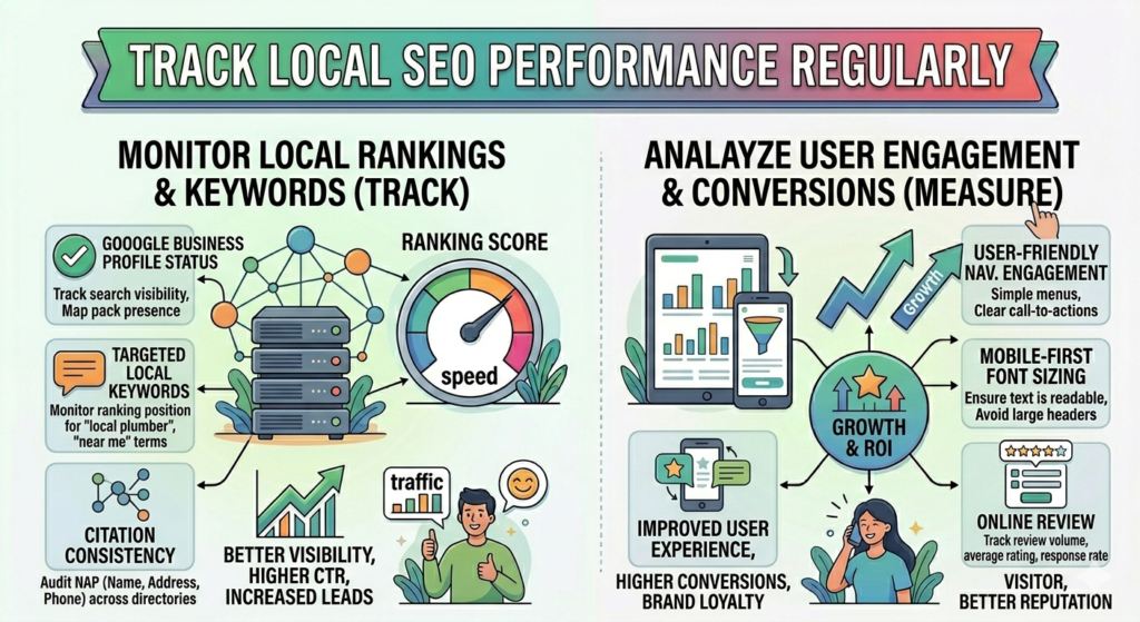 "An educational infographic flowchart titled 'Track Local SEO Performance Regularly'. The left section is titled 'Monitor Local Rankings & Keywords (Track)' and details Google Business Profile status, targeted local keywords, and citation consistency (NAP audit). The right section is titled 'Analyze User Engagement & Conversions (Measure)' and covers user-friendly navigation engagement, mobile-first font sizing, and online review tracking to show growth and ROI."