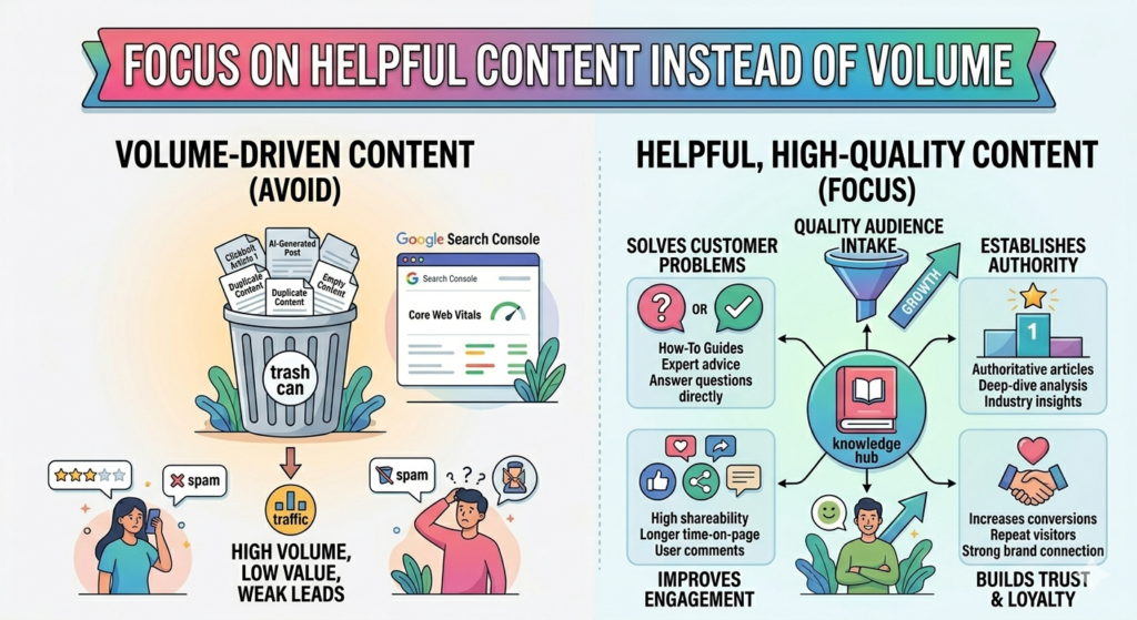 "An educational infographic flowchart comparison titled 'Focus on Helpful Content Instead of Volume'. The left side is labeled 'Volume-Driven Content (Avoid)' showing a trash can filled with low-quality articles like duplicate and AI-generated content, leading to spam and weak leads. The right side is labeled 'Helpful, High-Quality Content (Focus)' featuring a knowledge hub that solves customer problems, improves engagement, establishes authority, and builds trust and loyalty."