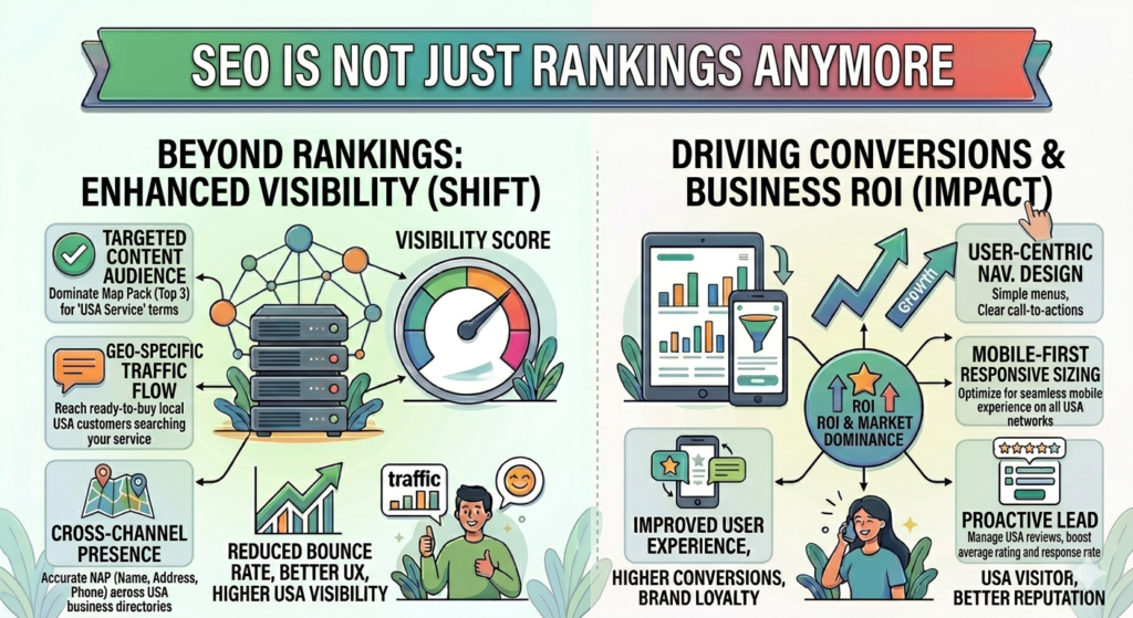 "An educational infographic flowchart titled 'SEO IS NOT JUST RANKINGS ANYMORE'. It features a colorful multi-part layout. The left column, titled 'BEYOND RANKINGS: ENHANCED VISIBILITY (SHIFT)', details key concepts: 'TARGETED CONTENT AUDIENCE' (dominating Map Pack Top 3), 'GEO-SPECIFIC TRAFFIC FLOW' (local USA customers), and 'CROSS-CHANNEL PRESENCE' (accurate NAP citations), featuring a male character giving a thumbs-up. The right column, titled 'DRIVING CONVERSIONS & BUSINESS ROI (IMPACT)', outlines conversion metrics: 'USER-CENTRIC NAV. DESIGN' (simple menus, CTAs), 'MOBILE-FIRST RESPONSIVE SIZING' (seamless mobile experience), and 'PROACTIVE LEAD' (managing reviews), featuring a female character on a phone and growth graphs. Both columns show clear results and lead to a central circular summary: 'ROI & MARKET DOMINANCE'."